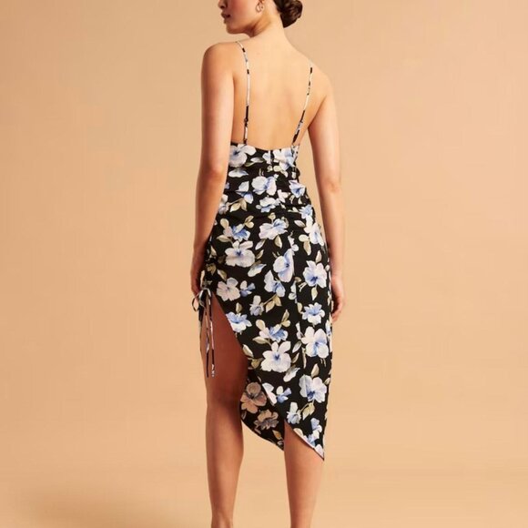 Abercrombie & Fitch Asymmetrical Cinched Midi Dress in Black Print | NWT | L - Picture 5 of 12